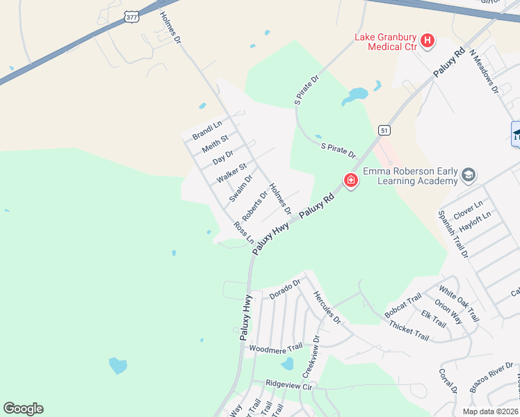map of restaurants, bars, coffee shops, grocery stores, and more near 2020 Roberts Drive in Granbury