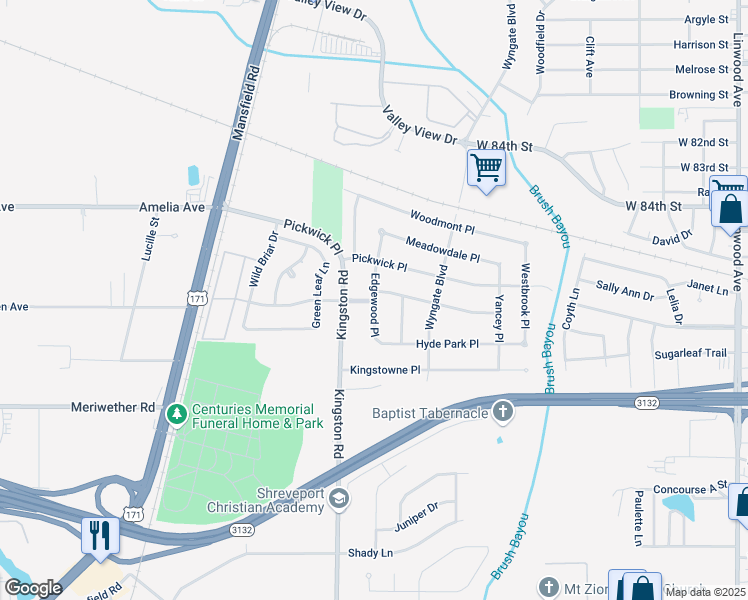 map of restaurants, bars, coffee shops, grocery stores, and more near 604 Hyde Park Pl in Shreveport