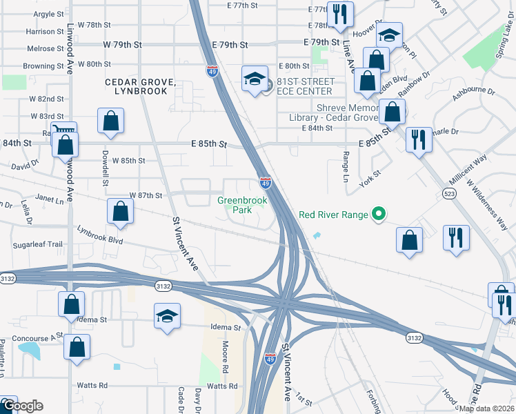 map of restaurants, bars, coffee shops, grocery stores, and more near 8701 Lehman Circle in Shreveport