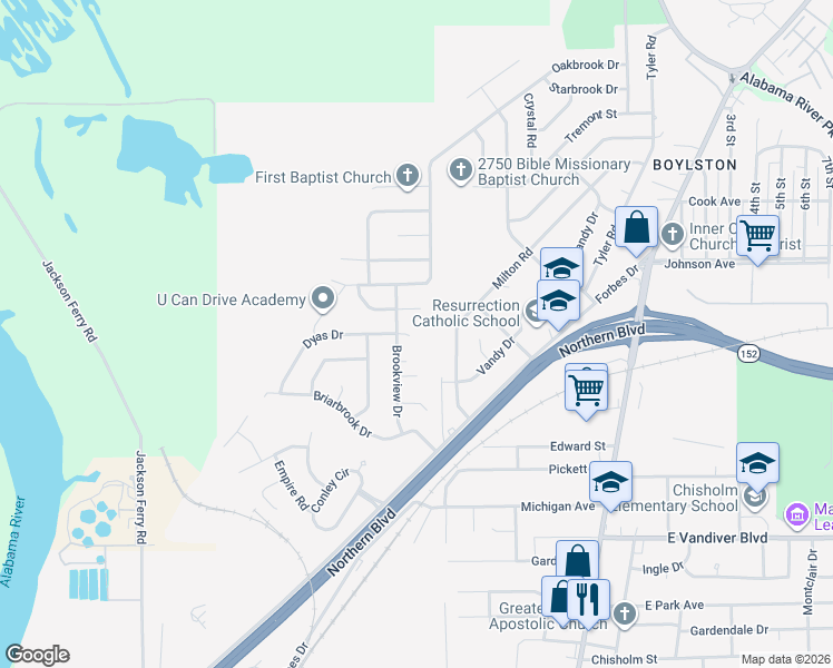 map of restaurants, bars, coffee shops, grocery stores, and more near 100 Dyas Court in Montgomery