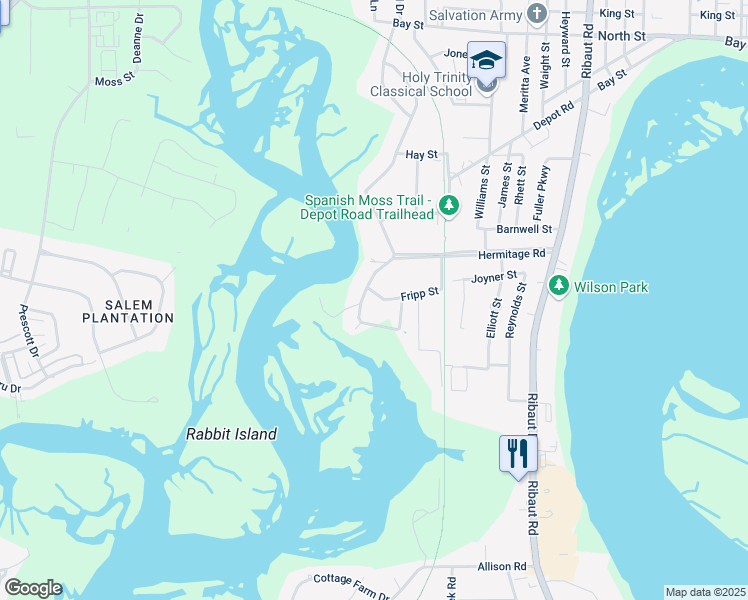 map of restaurants, bars, coffee shops, grocery stores, and more near 110 South Hermitage Road in Beaufort