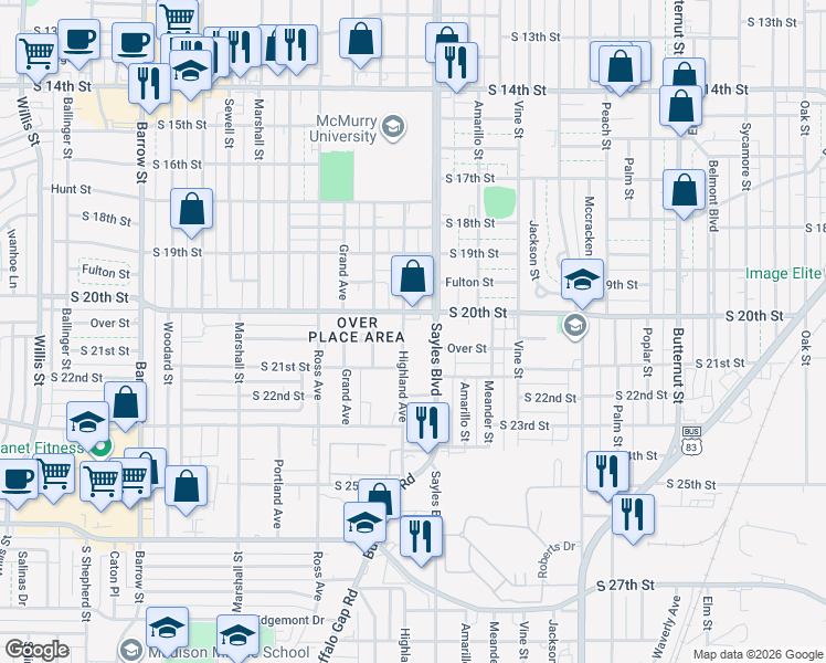 map of restaurants, bars, coffee shops, grocery stores, and more near in Abilene