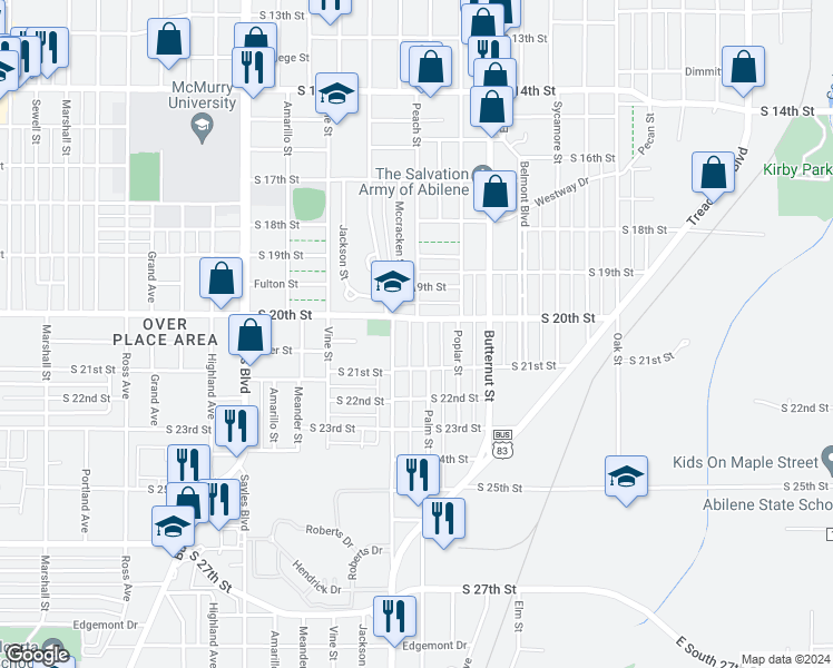 map of restaurants, bars, coffee shops, grocery stores, and more near 2018 Palm Street in Abilene