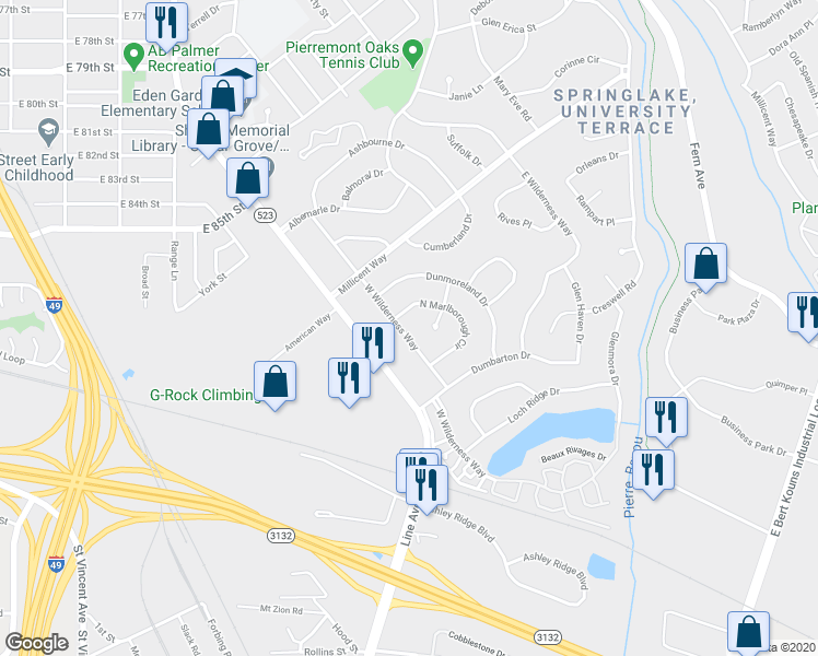 map of restaurants, bars, coffee shops, grocery stores, and more near 8609 West Wilderness Way in Shreveport