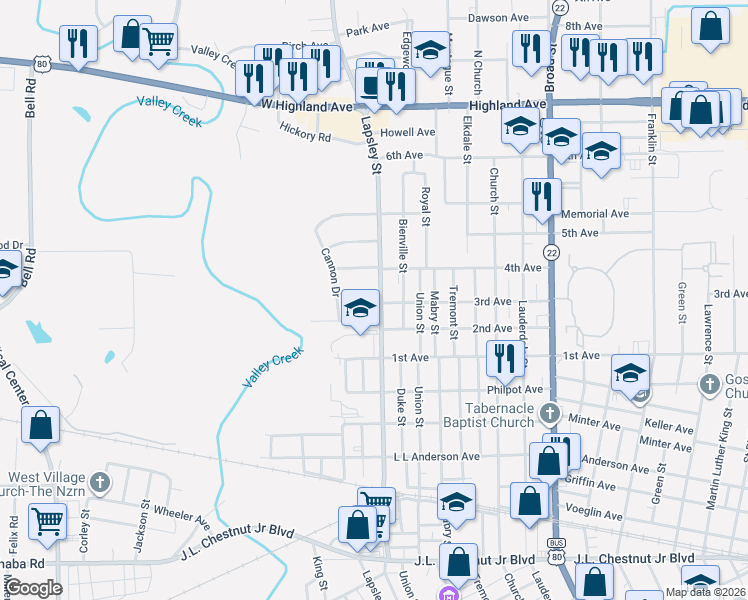 map of restaurants, bars, coffee shops, grocery stores, and more near 410 3rd Avenue in Selma
