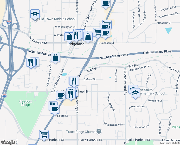 map of restaurants, bars, coffee shops, grocery stores, and more near 216 Cherry Circle in Ridgeland