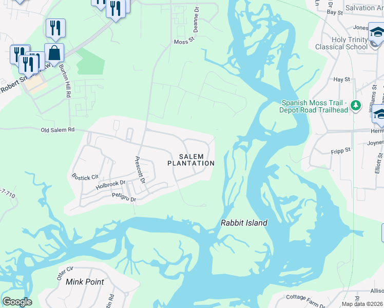 map of restaurants, bars, coffee shops, grocery stores, and more near 2221 State Road S-7-490 in Beaufort