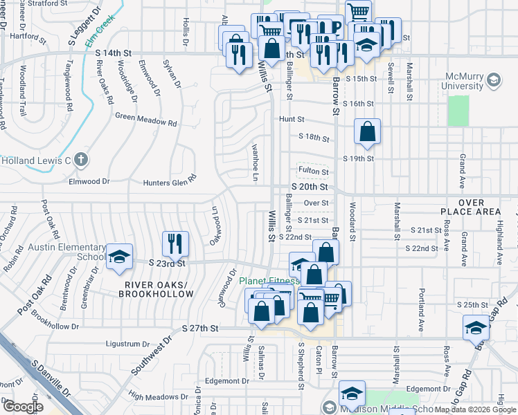 map of restaurants, bars, coffee shops, grocery stores, and more near 2109 Glenwood Drive in Abilene