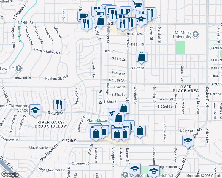 map of restaurants, bars, coffee shops, grocery stores, and more near 3181 Over Street in Abilene