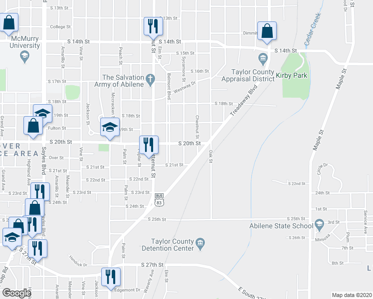 map of restaurants, bars, coffee shops, grocery stores, and more near 2017 Sycamore Street in Abilene