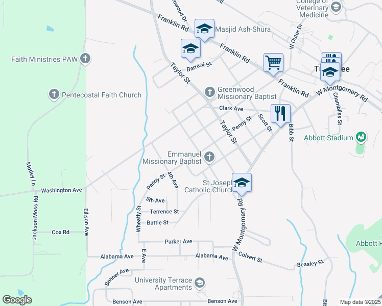 map of restaurants, bars, coffee shops, grocery stores, and more near 1801-1899 Penny Street in Tuskegee