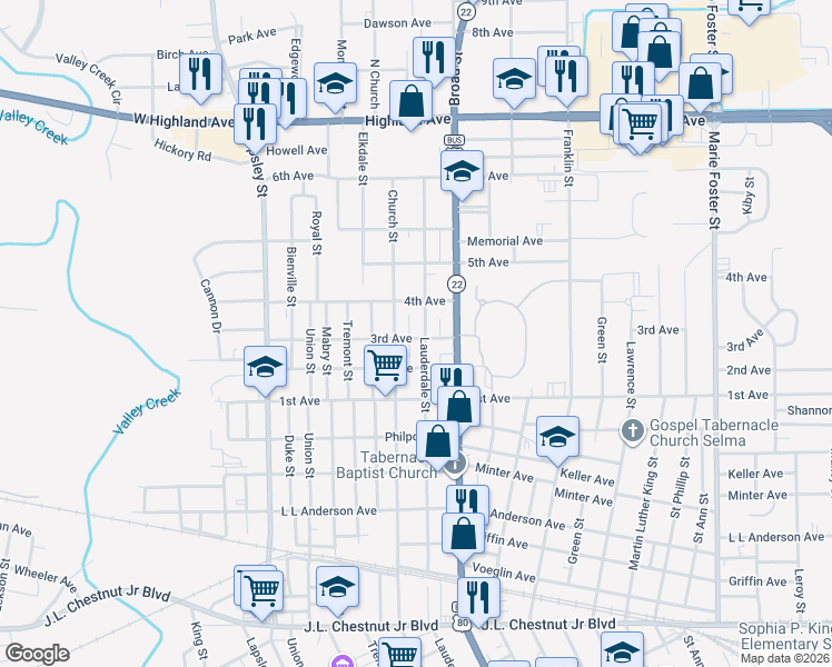 map of restaurants, bars, coffee shops, grocery stores, and more near 1804-1898 Lauderdale Street in Selma