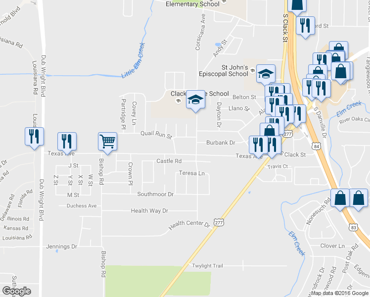 map of restaurants, bars, coffee shops, grocery stores, and more near 5502 Castle Road in Abilene