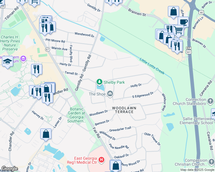 map of restaurants, bars, coffee shops, grocery stores, and more near 103 Rowand Circle in Statesboro