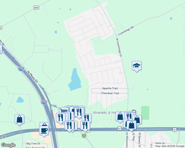 map of restaurants, bars, coffee shops, grocery stores, and more near 115 Cimmaron Court in Alvarado