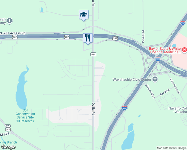map of restaurants, bars, coffee shops, grocery stores, and more near 524 Ovilla Road in Waxahachie