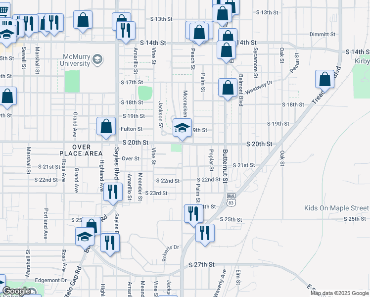 map of restaurants, bars, coffee shops, grocery stores, and more near 2009 Jeanette Street in Abilene