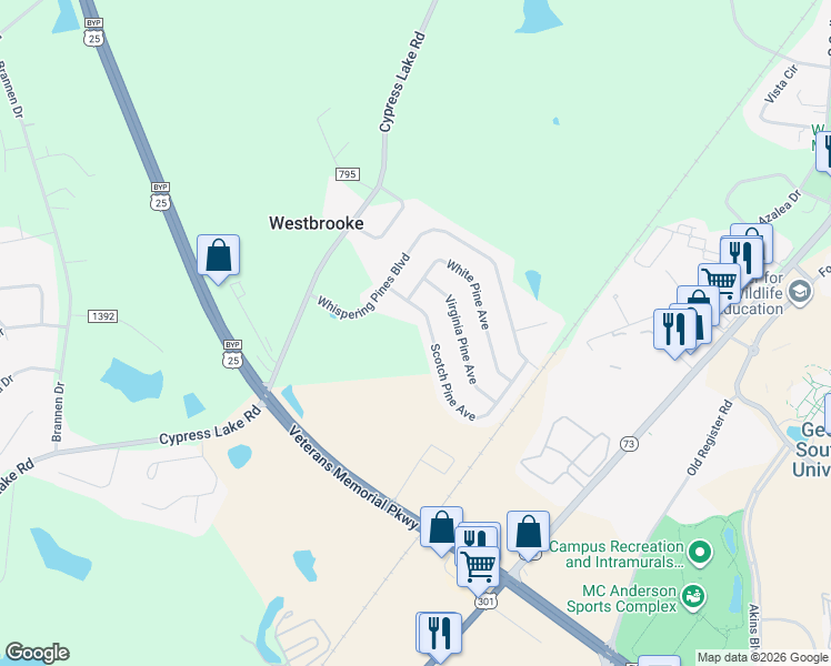 map of restaurants, bars, coffee shops, grocery stores, and more near 5014 Scotch Pine Avenue in Statesboro