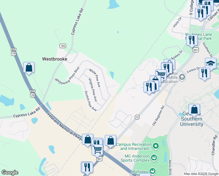 map of restaurants, bars, coffee shops, grocery stores, and more near 9062 Whispering Pines Boulevard in Statesboro