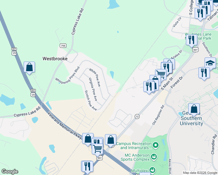 map of restaurants, bars, coffee shops, grocery stores, and more near 9062 Whispering Pines Boulevard in Statesboro