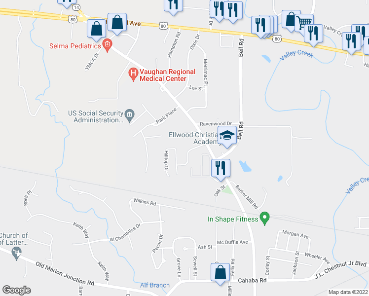 map of restaurants, bars, coffee shops, grocery stores, and more near 107 Hilltop Drive in Selma