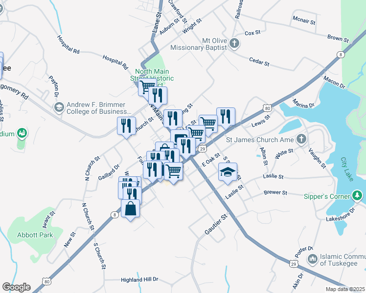 map of restaurants, bars, coffee shops, grocery stores, and more near West Northside Street in Tuskegee