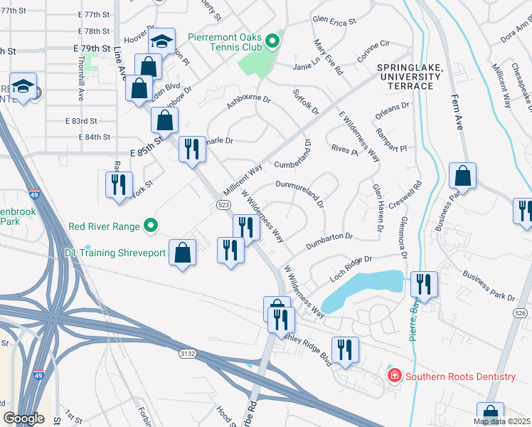 map of restaurants, bars, coffee shops, grocery stores, and more near 502 North Marlborough Circle in Shreveport
