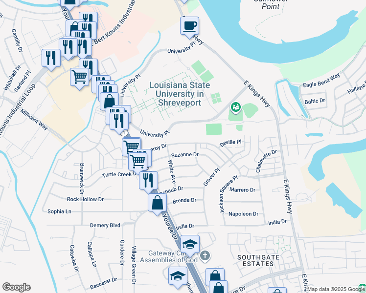 map of restaurants, bars, coffee shops, grocery stores, and more near 219 Pomeroy Drive in Shreveport