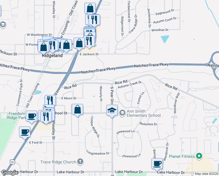 map of restaurants, bars, coffee shops, grocery stores, and more near 218 Waverly Place in Ridgeland