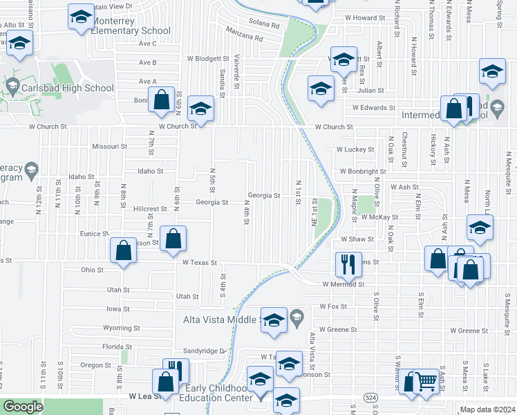 map of restaurants, bars, coffee shops, grocery stores, and more near 405 North 3rd Street in Carlsbad