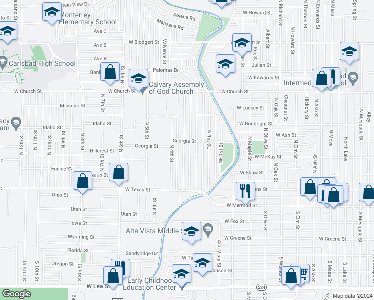 map of restaurants, bars, coffee shops, grocery stores, and more near 406 North 3rd Street in Carlsbad