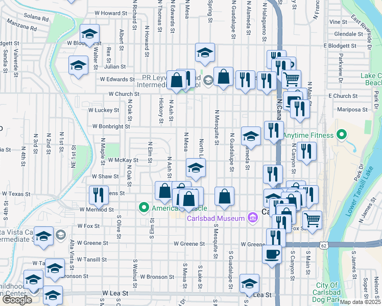 map of restaurants, bars, coffee shops, grocery stores, and more near 402 North Mesa in Carlsbad