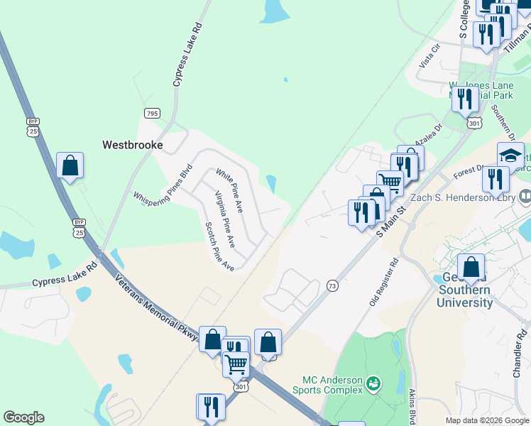 map of restaurants, bars, coffee shops, grocery stores, and more near 9062 Whispering Pines Boulevard in Statesboro