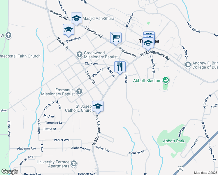 map of restaurants, bars, coffee shops, grocery stores, and more near in Tuskegee