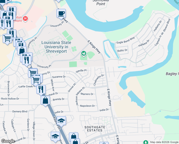 map of restaurants, bars, coffee shops, grocery stores, and more near 8515 Grover Place in Shreveport