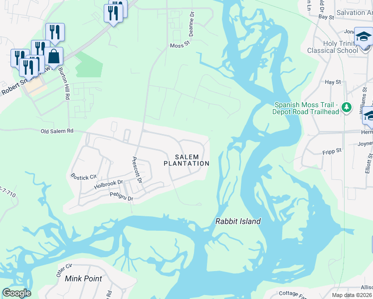 map of restaurants, bars, coffee shops, grocery stores, and more near 2221 State Road S-7-490 in Beaufort