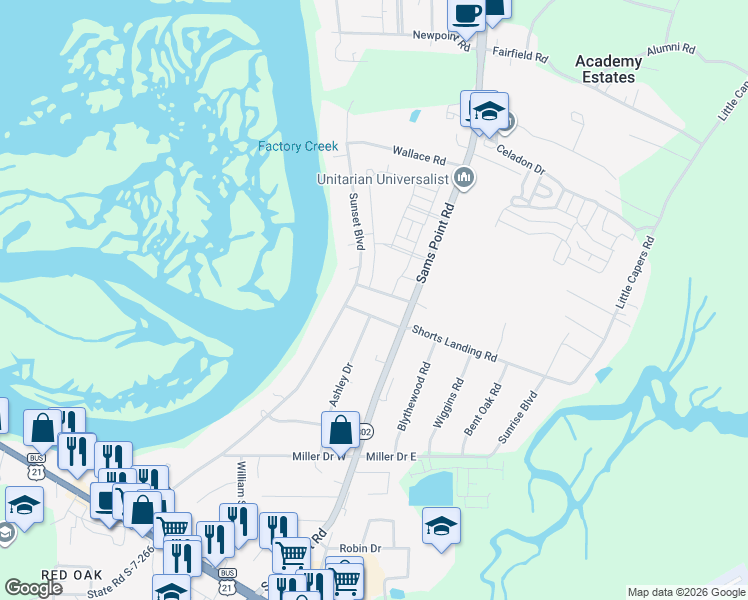map of restaurants, bars, coffee shops, grocery stores, and more near 11 Oyster Factory Road in Beaufort