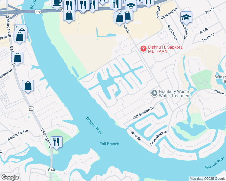 map of restaurants, bars, coffee shops, grocery stores, and more near 1609 Monterrey Bay Court in Granbury