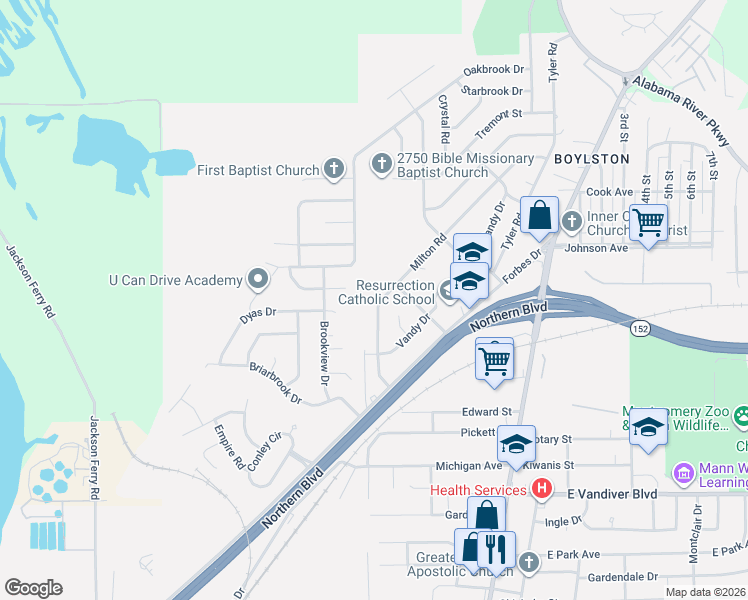 map of restaurants, bars, coffee shops, grocery stores, and more near 332 Milton Road in Montgomery