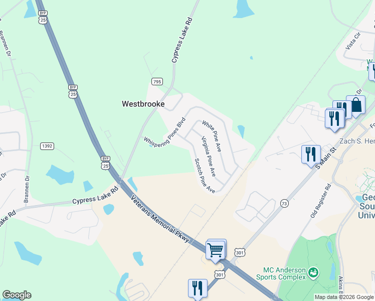 map of restaurants, bars, coffee shops, grocery stores, and more near 5016 Scotch Pine Avenue in Statesboro