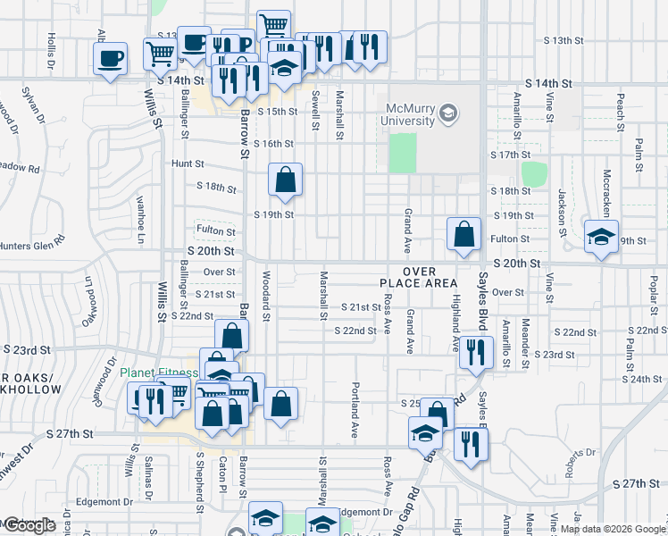map of restaurants, bars, coffee shops, grocery stores, and more near 2601 Over Street in Abilene