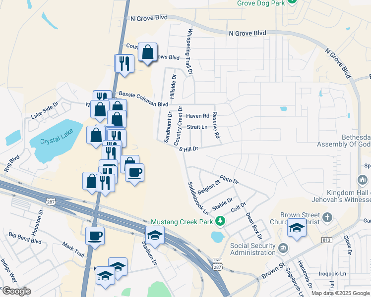 map of restaurants, bars, coffee shops, grocery stores, and more near 319 South Hill Drive in Waxahachie