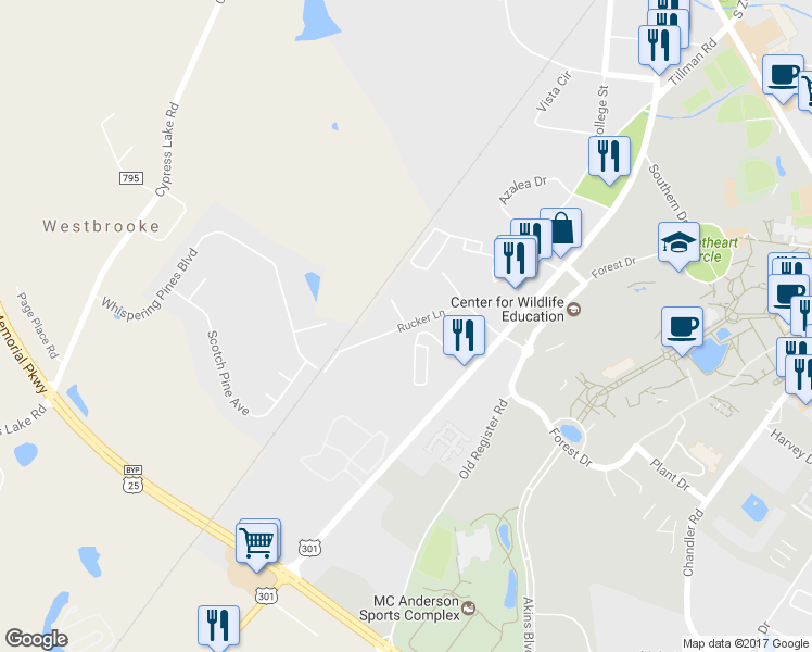 map of restaurants, bars, coffee shops, grocery stores, and more near 140 Rucker Lane in Statesboro