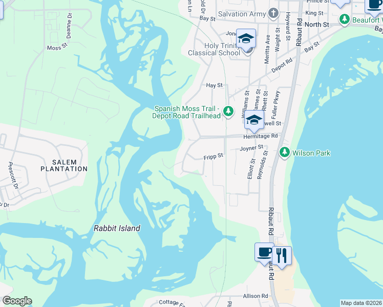 map of restaurants, bars, coffee shops, grocery stores, and more near 110 South Hermitage Road in Beaufort