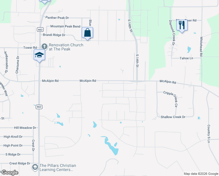 map of restaurants, bars, coffee shops, grocery stores, and more near 613 Dove Creek Park in Midlothian