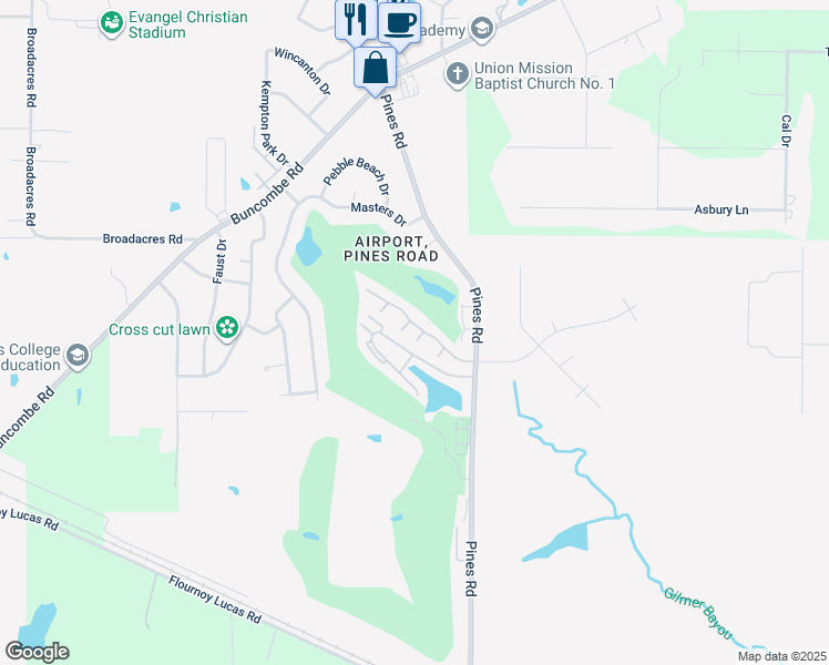 map of restaurants, bars, coffee shops, grocery stores, and more near 8100 Pines Road in Shreveport