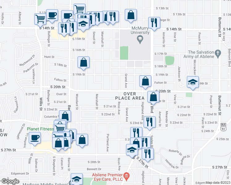 map of restaurants, bars, coffee shops, grocery stores, and more near 2517 South 20th Street in Abilene