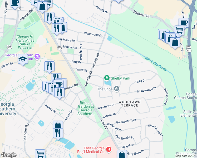 map of restaurants, bars, coffee shops, grocery stores, and more near 108 North Edgewood Drive in Statesboro