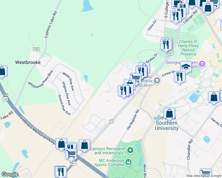 map of restaurants, bars, coffee shops, grocery stores, and more near 140-198 Rucker Lane in Statesboro