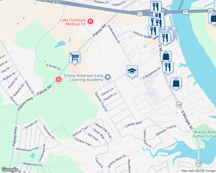map of restaurants, bars, coffee shops, grocery stores, and more near 1509 Misty Meadow Drive in Granbury